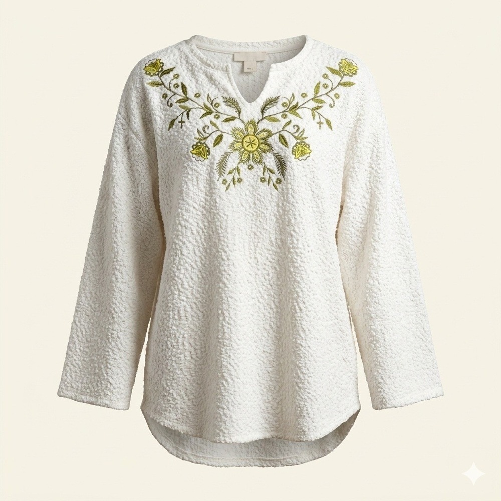 Skyes The Limit Womens L White Floral‎ Embroidered Popcorn Knit Top Relaxed